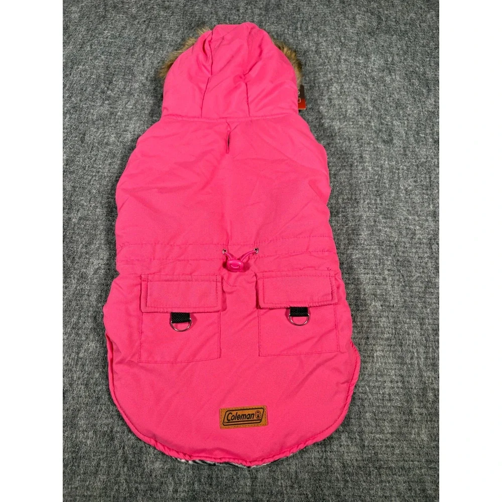 Coleman Drawcord Jacket Dog L Pink Fleece Lined Faux Fur Hood Plaid Trim Coat